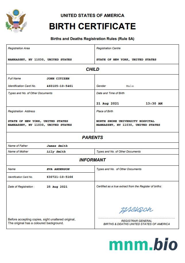 USA narodziny certyfikat Word i PDF szablon